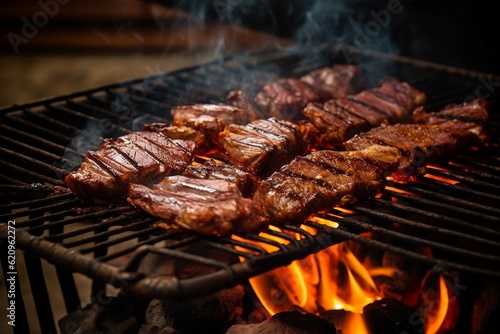 Sizzling Barbecue Delight Typical Brazilian Grilled Meat on the Grill, Generative AI