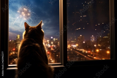 Feline Spectator Cat Watching Fireworks Through Window. Generative AI