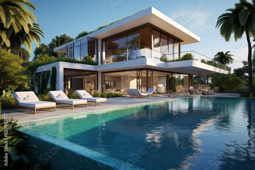 Luxury villa with big swimming pool. Generative AI. © Fahad