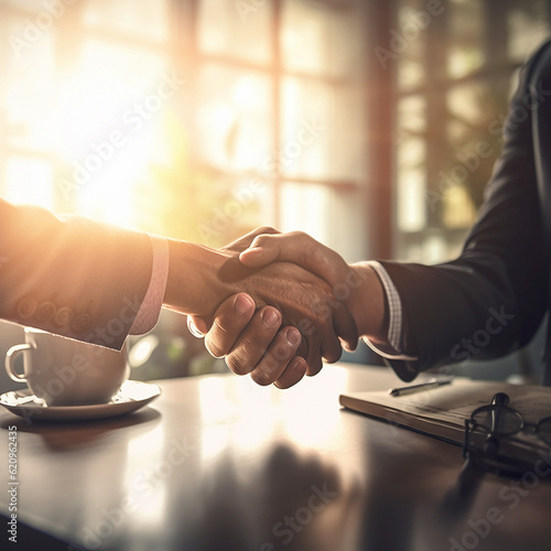 Business people, handshake and partnership at night for b2b, deal or agreement in corporate recruitment at office. Employees shaking hands working late in teamwork collaboration, hiring or meeting photo