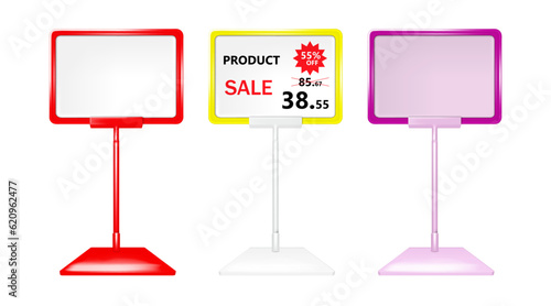Pop display stand isolated on white background color mock-up set. Shelf label for retail store vector mockup. Supermarket price tag holder board. Easy editable