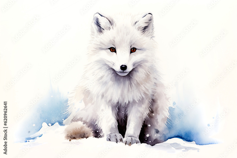 Arctic fox in the snow, front view. Digital watercolour illustration.