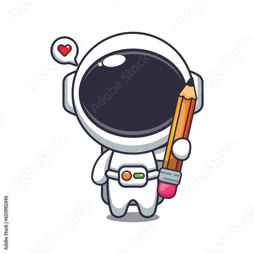 cute astronaut holding pencil cartoon vector illustration.