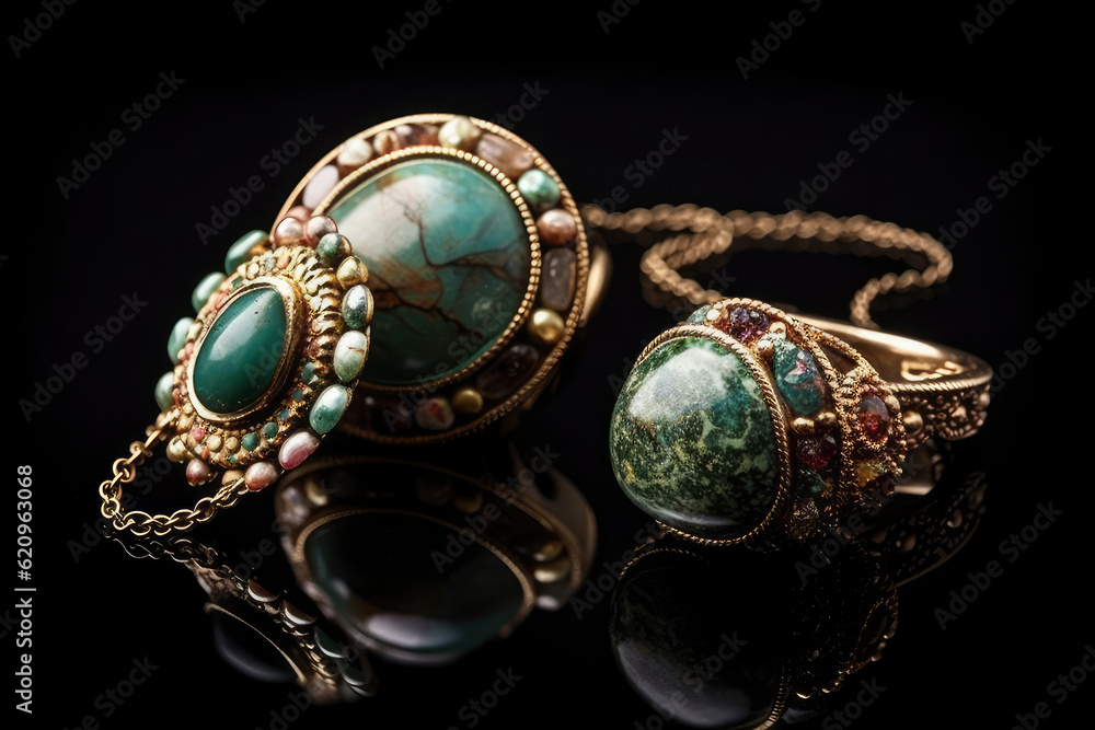 Jewelry with precious stones on black background, AI Generated Jewelry with precious stones on black background, AI Generated