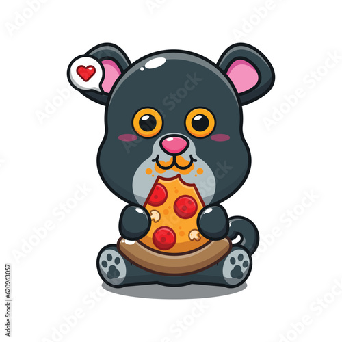 Fototapeta Naklejka Na Ścianę i Meble -  cute panther eating pizza cartoon vector illustration.