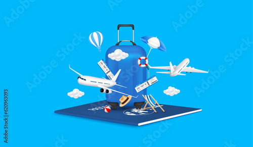 Luggage blue, air ticket on passport with airplane is taking off and deck chair umbrella. For making advertising media about tourism. Travel transport concept. 3D Vector EPS10.