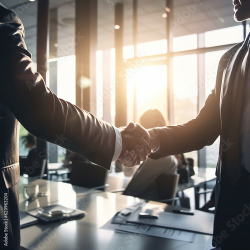 Business people, shaking hands and partnership at night for b2b, deal or corporate agreement at office. Employees handshake working late in collaboration, teamwork or welcome in hiring or recruitment photo
