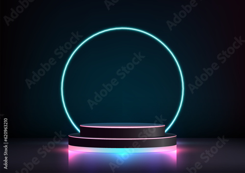Futuristic 3D Light Podium Stand Decoration with Blue Neon Glow. Vector Illustrator Technology Concept