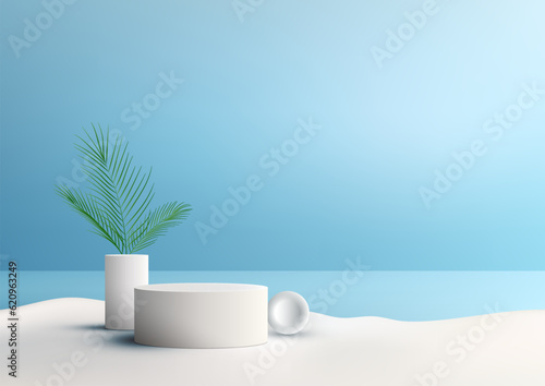 Modern Summer Concept. 3D Realistic White Color Podium Stand Decoration with Green Palm Leaves on Blue Sky Background