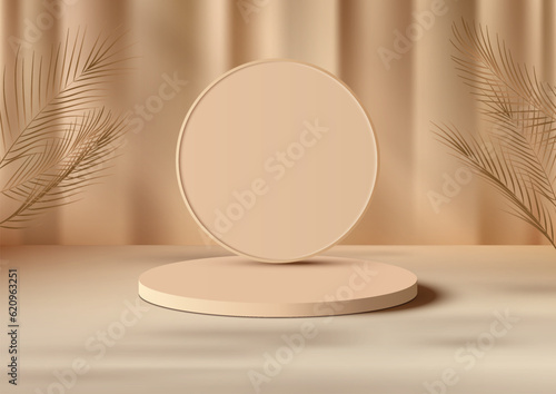 Natural Lighting Vector Illustration. Beige Podium Stand with Palm Leaves on Brown Background