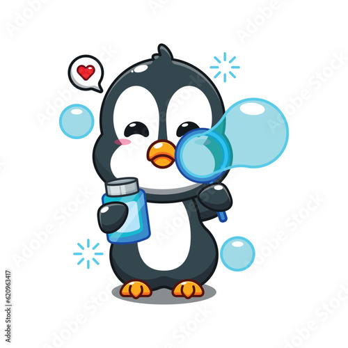 Fototapeta Naklejka Na Ścianę i Meble -  cute penguin blowing bubbles cartoon vector illustration.