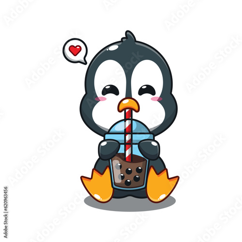 cute penguin drink boba milk tea cartoon vector illustration.