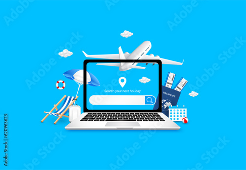 Search bar empty in laptop computer with airplane taking off. Deck chair umbrella luggage, air ticket and passports the sid. Search to travel destination accommodation, booking flight online. Vector.