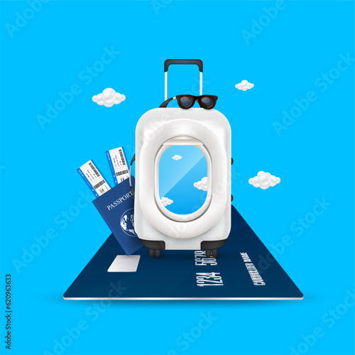 Airplane window stuck luggage white on credit card with black sunglasses, air ticket and passports blue placed the sid. For media tourism ad design. Holiday travel transport concept. 3D Vector.