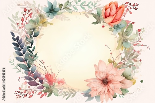 Vintage Floral Design with Watercolor Flowers. Wedding Card Template. Generative AI illustrations © Thares2020