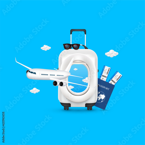Airplane window on luggage white with black sunglasses, air ticket and passports blue placed the sid. Airplane is taking off. For media tourism ad design. Holiday travel transport concept. 3D Vector.