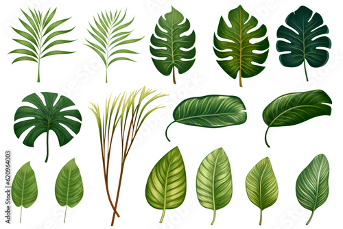 green tropical leaves illustration set on isolated transparent background