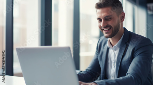 Professional male employee or a businessman using a laptop in a modern office. Copy space