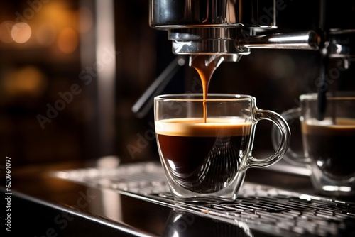 Aromatic Delight Coffee Espresso Poured from Cafe Machine in Restaurant. Generative AI