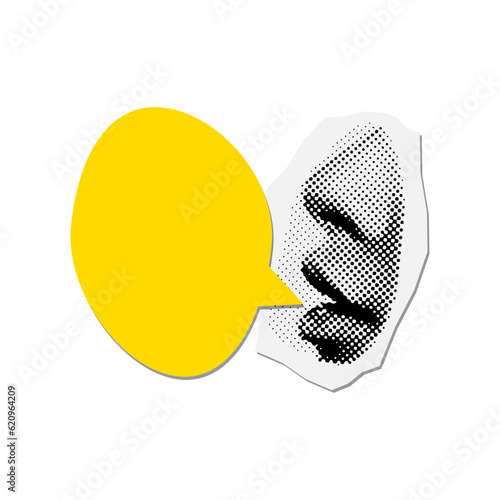 Decorative element for Social networking post. Open Mouth with speach bubble for Quote. Vector collage style. Pop art nostalgia