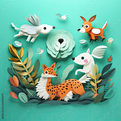 colorful  funny animals running  simple paper cut animation for kids-art