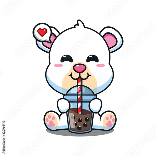 cute polar bear drink boba milk tea cartoon vector illustration.