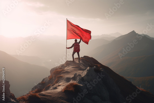 Reaching a goal concept - mountaineer with red flag on mountain with Generative AI technology © Ajit