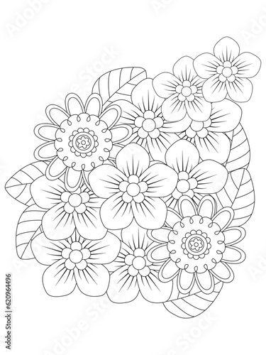 Outline vector drawing of flowers for adult coloring books. Page of floral pattern in black and white