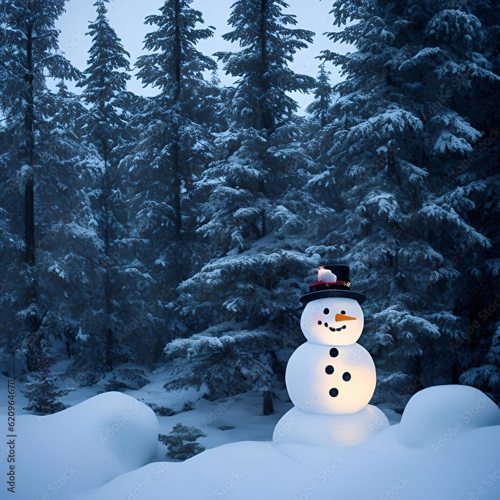 Obraz premium Christmas Day, Christmas tree decorations gifts star ball color snowman background closeup in a snow pine forest evening lighting illustration generative ai art