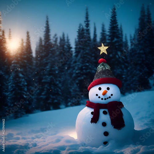 Christmas Day, Christmas tree decorations gifts star ball color snowman background closeup in a snow pine forest evening lighting illustration generative ai  art © gmm2000