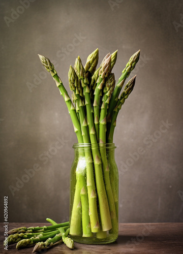 Bunch of fresh asparagus on rustic background. Generative AI