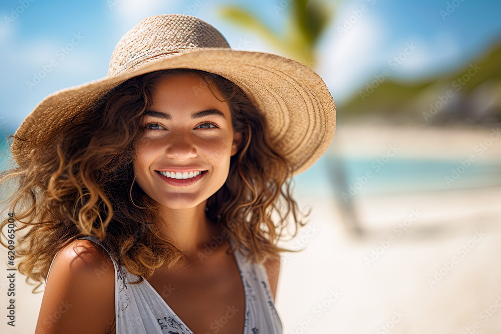 Beautiful girl wearing straw hat at the beach by the sea. Summer concept. Generative Ai