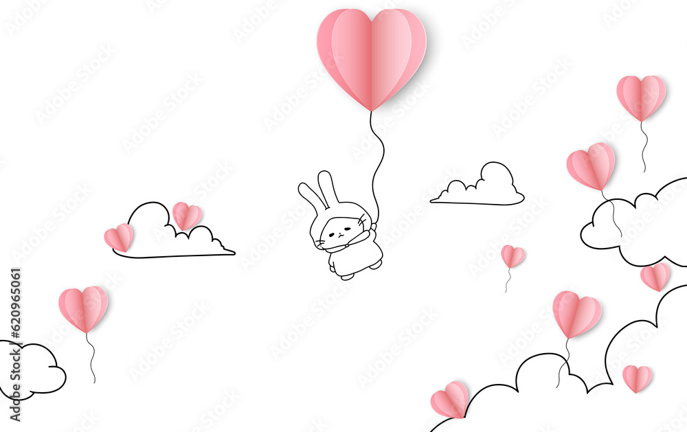 On a white sky background rabbit frying, a Valentine's Day postcard with paper flying elements.