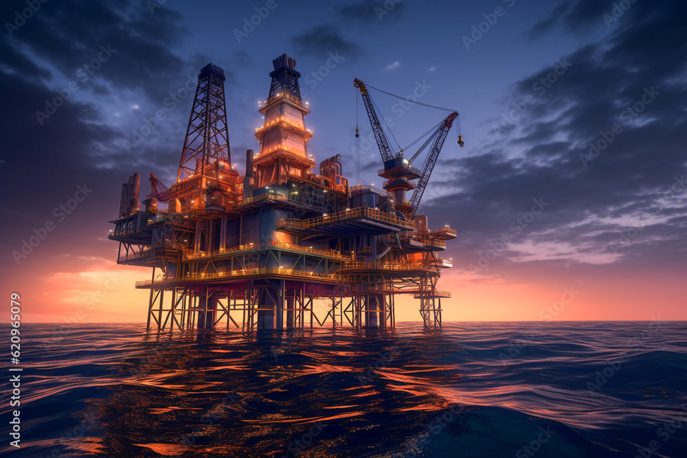 Oil and Gas platform in the middle of the sea at sunset. Offshore jack up rig on the ocean in twilight. Offshore drilling for gas and petroleum at sunset time. Generative AI