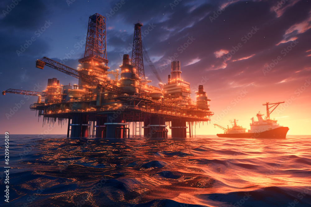 Oil and Gas platform in the middle of the sea at sunset. Offshore jack up rig on the ocean in twilight. Offshore drilling for gas and petroleum at sunset time. Generative AI
