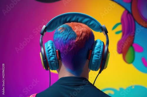 the back of a man wearing big headphones Against the backdrop of various colors. The concept of hearing and sound imagination. Generative ai