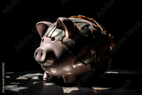 Broken piggy bank, money saving concept, AI Generated