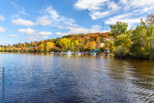 Motorboats in a small marina along the forested shores of lake during the autumn colour season