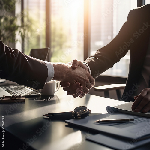 Business people, handshake and partnership at night for deal, b2b or agreement in recruitment at office. Employees shaking hands working late in team collaboration, welcome or hiring process by desk photo