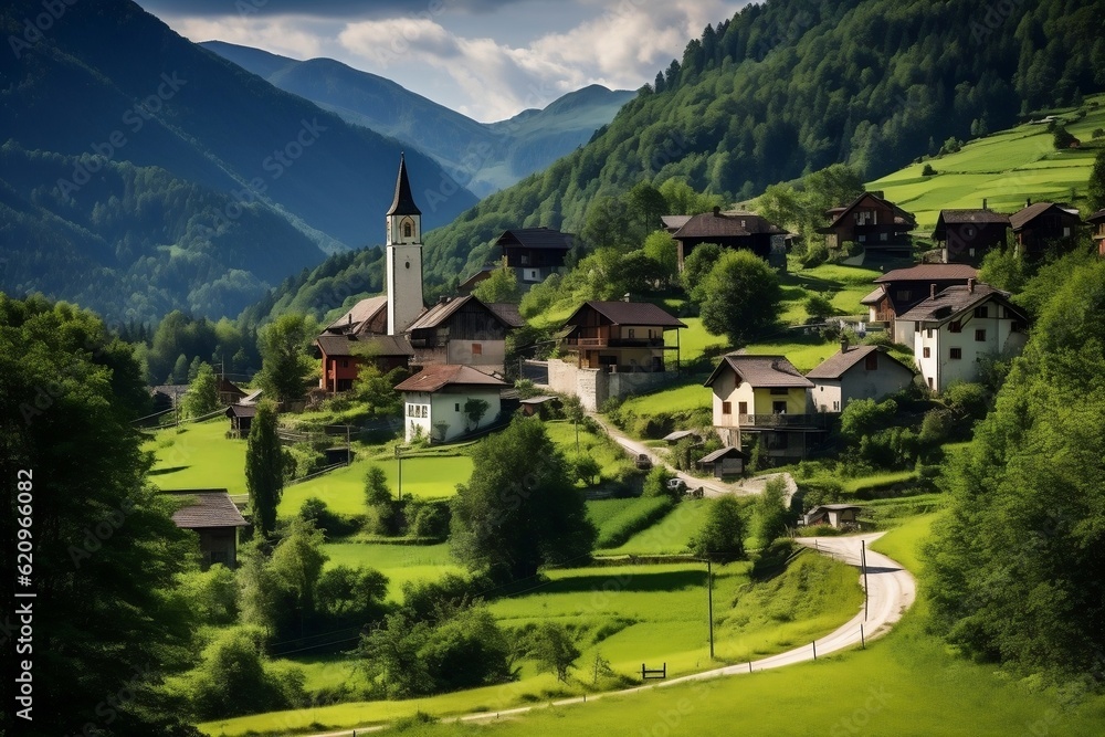Scenic Serenity Dreznica Village Near Kobarid, Beneath Mount Krn, Slovenia. Generative AI