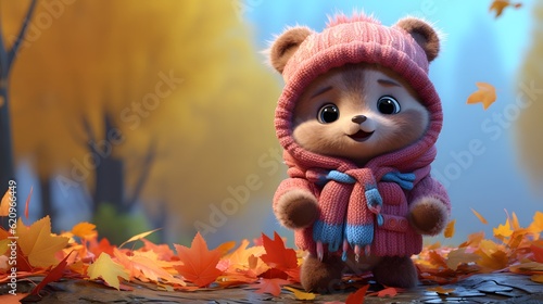 Cute bear cub against the background of the autumn forest