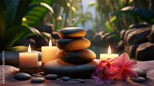 Spa Concept Massage Stones With Towels And Candles In Natural Background. Generative Ai