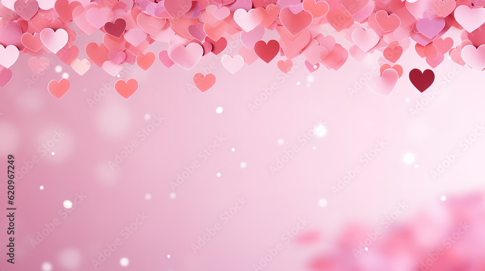 Valentines day card. Heart confetti falling over pink background for greeting cards. Generative Ai