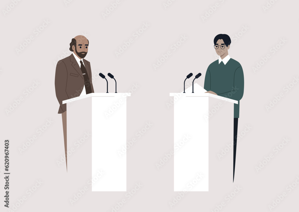 A public discussion, two opponent candidates standing on stage opposite of each other, freedom of speech A public discussion, two opponent candidates standing on stage opposite of each other, freedom of speech