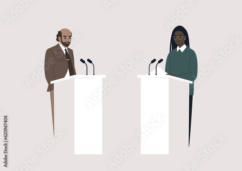 A public discussion, two opponent candidates standing on stage opposite of each other, freedom of speech