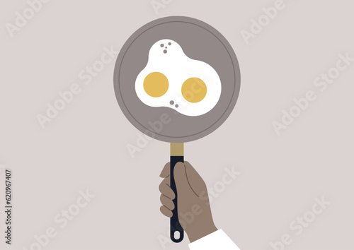Chef's hand holding a cast iron skillet with a sunny side up on it, a classic breakfast concept