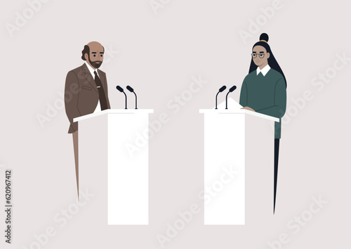 A public discussion, two opponent candidates standing on stage opposite of each other, freedom of speech