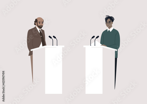 A public discussion, two opponent candidates standing on stage opposite of each other, freedom of speech