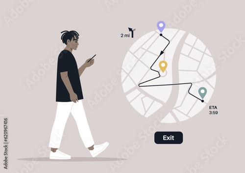 A young male African character using a gps map application to navigate in town