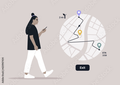 A young female Asian character using a gps map application to navigate in town